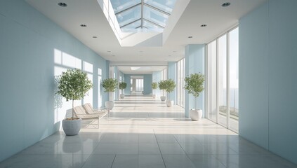 Obraz premium Bright hallway with skylight plants and minimalist seating arrangement