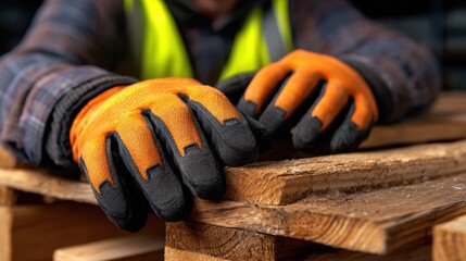 A worker in safety gear carefully handles wooden pallets, showcasing dedication and focus in a warehouse or construction setting