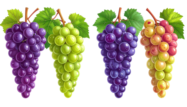 Colorful bunches of grapes, dark purple, green, blue, and pink tones with green leaves on a transparent background