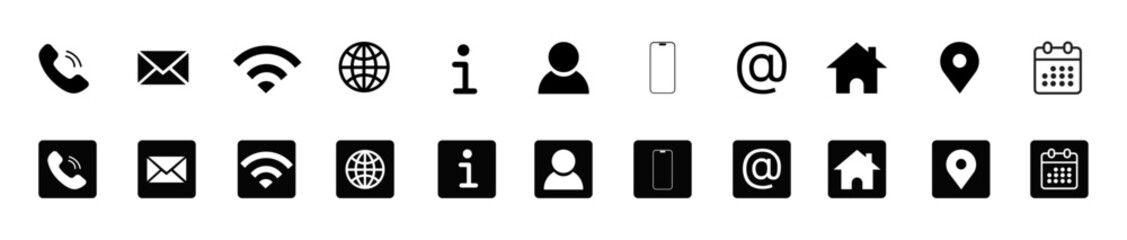 Contact icon vector set 2025. Phone, Call, Email, Address, Website, Fax, Mobile, Calendar, Chat icons. Social media icons 2025