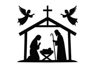 Silhouette nativity scene with holy family baby in manger, two angels above stable and cross symbolizing peace on white background
