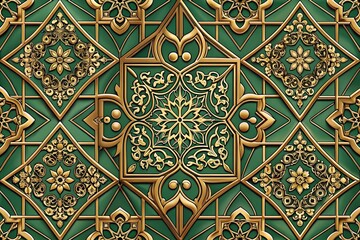 Ornate green and gold pattern with intricate floral and geometric designs