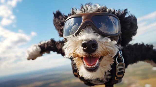 A happy black and white miniature sheepadoodle enjoys an exhilarating skydiving adventure, wearing stylish goggles with a backdrop of fluffy clouds and blue skies.