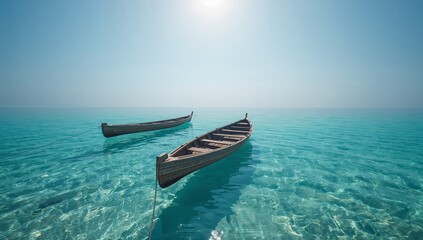Two small wooden boats drift peacefully on clear turquoise water