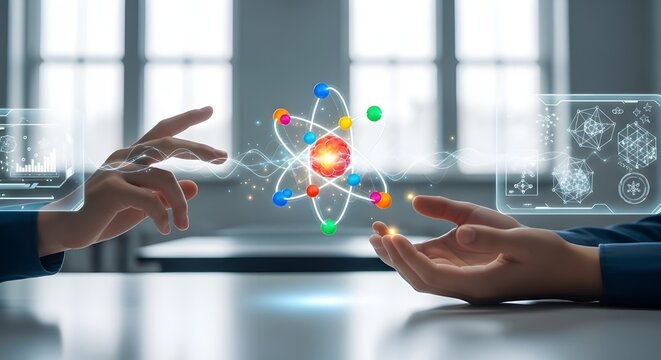 Hands exchanging glowing atomic model symbolizing innovation and scientific technology, modern digital art style