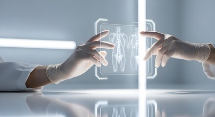Doctors using holographic medical scan to examine virtual human body, futuristic healthcare concept