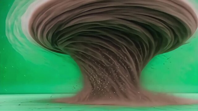 Powerful dust devil swirling with intensity against a vibrant green background