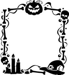 Halloween scary frame with spooky pumpkin, witch hat and candles. Scary vector border with skeleton skulls and bones for Halloween holiday greeting card