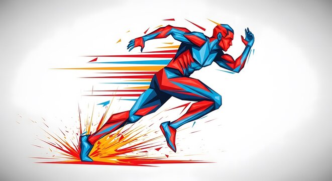 Dynamic vector illustration of a runner in full stride, showing explosive speed and energy with colorful abstract lines