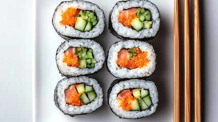 Close up of six sushi rolls with salmon roe and cucumber on a white plate with chopsticks