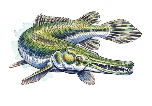 Alligator Gar fish watercolor,, Watercolor style digital painting for graphic design decoration, gifts or print design, animals, fish in water, river, sea, lake life