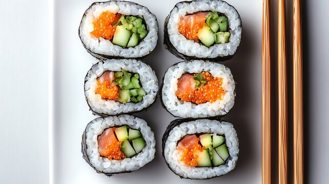 Close up of six sushi rolls with salmon roe and cucumber on a white plate with chopsticks