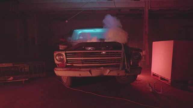 Old abandoned car garage with broken down vehicles and dusty equipment