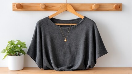 Dark Blue Blouse With Intricate White Pattern and Gold Button Hanging on Wooden Hanger in Front of White Wall