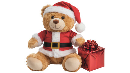 Adorable fuzzy brown teddy bear dressed as santa claus with a red gift box isolated on transparent background