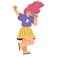 Energetic Young Woman with Pink Hair Singing into Microphone Wearing Purple T Shirt and Yellow Skirt Expressing Joyful Emotion with Hands Raised in Rock On Gesture Against White Background