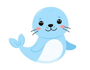 Adorable cartoon illustration of a happy, light blue seal