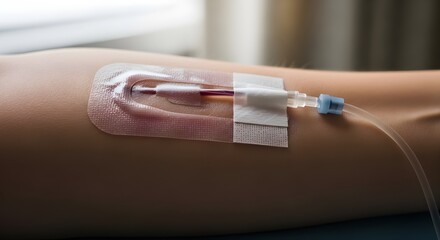 Patient Vein with IV Catheter Secured by Transparent Medical Dressing in Hospital Setting