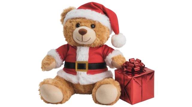 Adorable fuzzy brown teddy bear dressed as santa claus with a red gift box isolated on transparent background