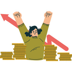 Excited Person Celebrating Success Standing Behind Piles of Gold Coins with Upward Trending Arrow Illustrating Financial Growth and Profitability in a Bright and Cheerful Atmosphere