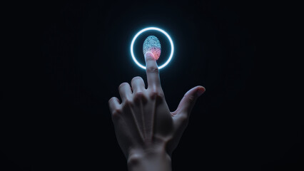 Hand touches glowing fingerprint scanner, symbolizing security and technology. image conveys sense of innovation and digital identity