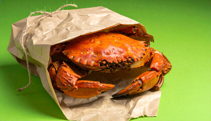 cooked crab ready to eat in a paper bag
