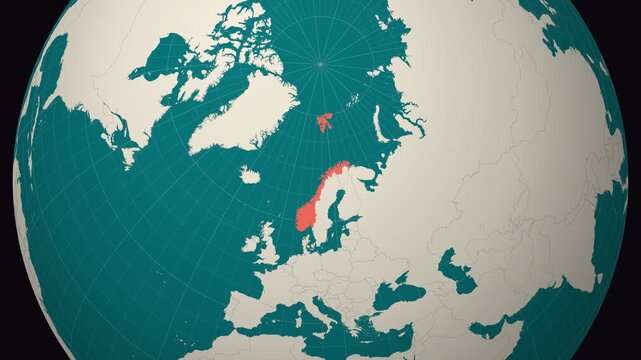 Norway map. Animated zoom into the country on the Globe in Teal Pale Mint color palette. Country logo animation. Map with meridians, parallels. Neat video.