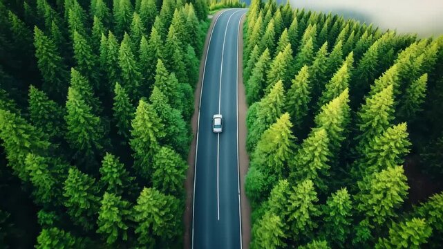 Aerial View of Car Driving on Forest Road in Summer