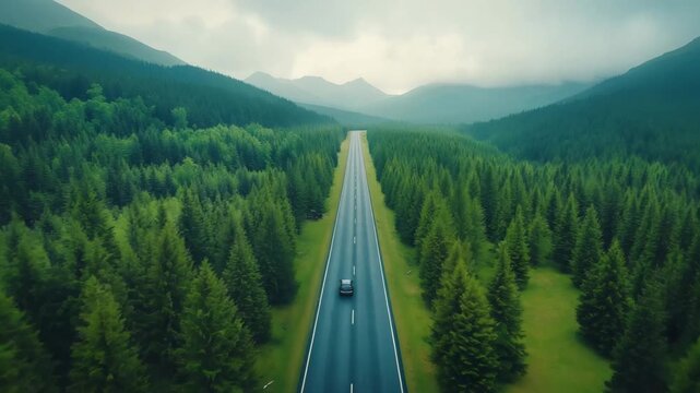 Aerial View of Car Driving Through Forest Road with Mountains in Background
