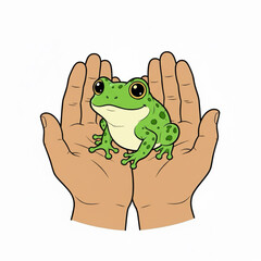 A frog sitting on both hands. Vector illustration of a cute frog sketch.