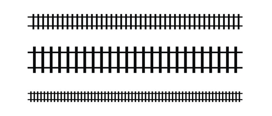 Train Track Silhouette Set, Railway Line and Railroad Path Vector Illustration. A Silhouette Of Traintrack Railroad Railway Contour, Rail Road Silhouette, Train Line Silhouette