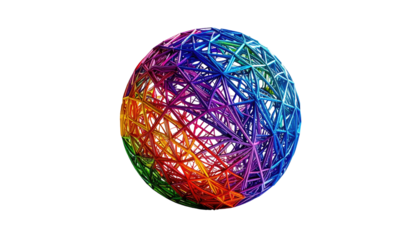 A rainbow-hued, geometric sphere with triangular mesh, glowing softly against a stark black background