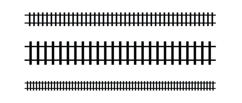 Train Track Silhouette Set, Railway Line and Railroad Path Vector Illustration. A Silhouette Of Traintrack Railroad Railway Contour, Rail Road Silhouette, Train Line Silhouette
