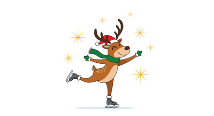 Cartoon reindeer wearing a Santa hat and scarf ice skating with golden stars in the background.