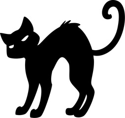 Halloween creepy black cat, witch pet animal silhouette. Horror holiday spooky bad luck kitten with ruffled fur, creepy black kitty. Halloween witch animal or scary pet cat isolated vector silhouette