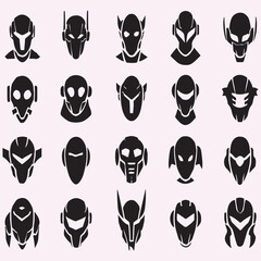  set of futuristic robotic hacker's face, different stylish head ultra modern design each silhouette style pro vector on colorful background