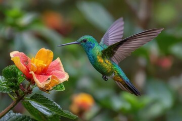 Fototapeta premium Green violetear gracefully hovers beside vibrant red and yellow flowers in a lush garden setting during daytime