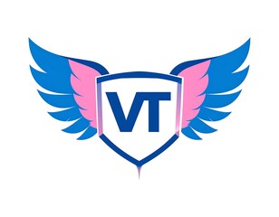 A stylized shield with wings, featuring the letters "VT