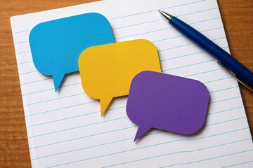 Colorful speech bubble cutouts placed on a lined notebook with a blue pen, symbolizing communication and creativity in a workspace