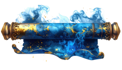 Ornate scroll with gold accents and misty blue swirls, isolated on black, evoking fantasy and ethereal themes