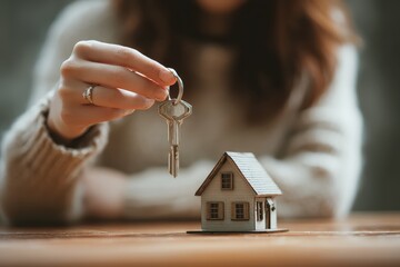 Woman holding keys over a small model house while preparing to rent a new home
