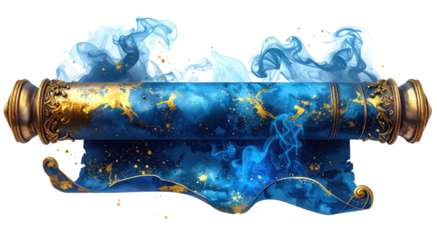 Ornate scroll with gold accents and misty blue swirls, isolated on black, evoking fantasy and ethereal themes