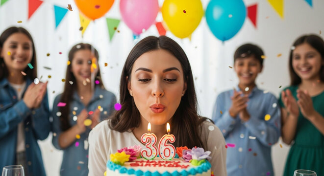 A female teacher blows out candles on a birthday cake, celebrating her 36th birthday surrounded by students clapping in a celebratory atmosphere.