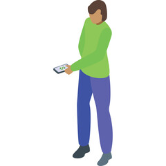 Isometric Person Holding Mobile Device With Green Shirt And Blue Pants Standing Isolated On White Background