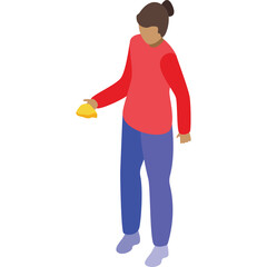 Isometric Person Holding Small Yellow Object in Red Top and Blue Pants Standing on Light Purple Shoes on Transparent Background