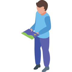 Isometric person in blue long sleeve shirt and purple pants holding a map with green and blue landscape and yellow star graphic on white background