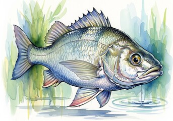 Nile Perch fish watercolor, Watercolor style digital painting for graphic design decoration, gifts or print design, animals, fish in water, river, sea, lake life