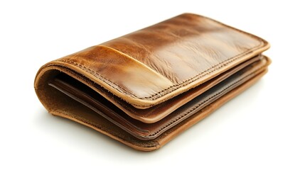 A brown leather wallet with multiple compartments sitting on a white surface in a studio setting