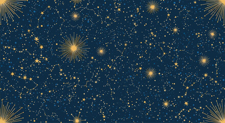 Celestial night sky with stars, constellations, and bursts of light in a dark blue background, resembling a cosmos pattern.