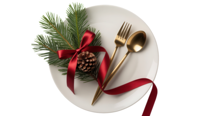 Elegant christmas dinner table setting with a pine cone and festive ribbon on a white plate with gold cutlery isolated on transparent background